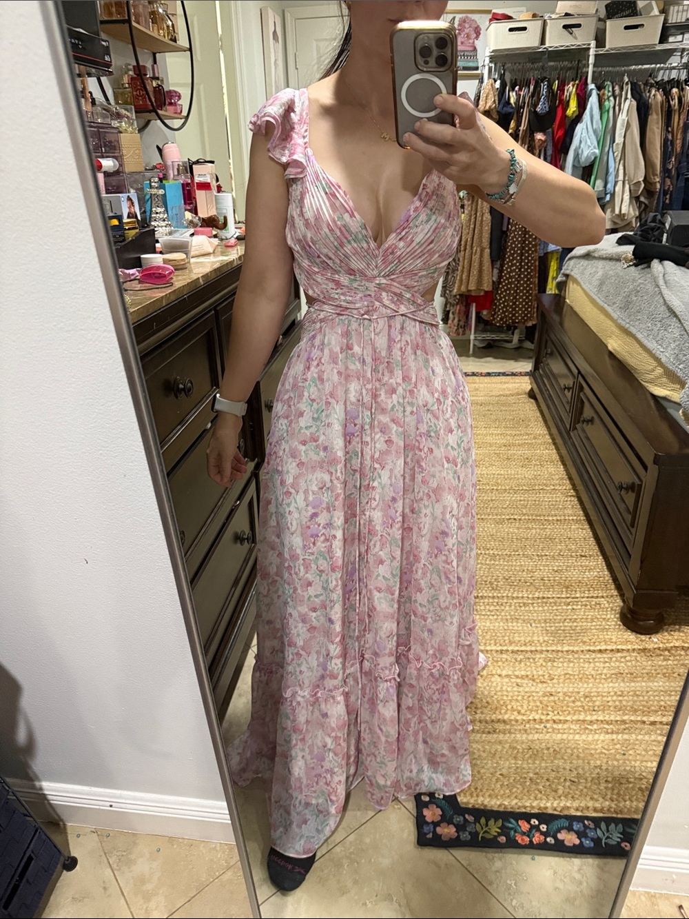 Astr Pink Floral Ruffled Sleeve Maxi Dress